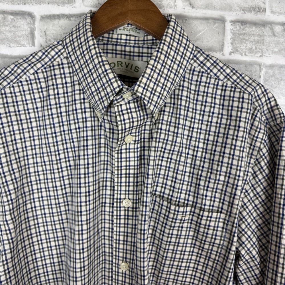 Orvis Mens Large Long Sleeve Button Down Shirt Cotton Tattersall Plaid Blue